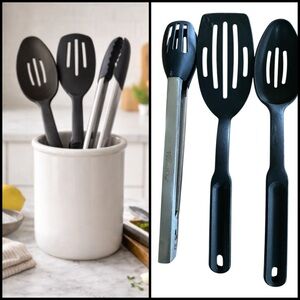 Pampered Chef Black Silicone 3 Kitchen Cooking Utensil Set Spoon Spatula Tongs